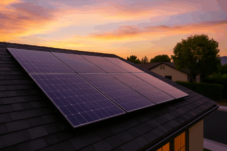 Solar panels on a modern shingle roof at dusk with soft natural lighting